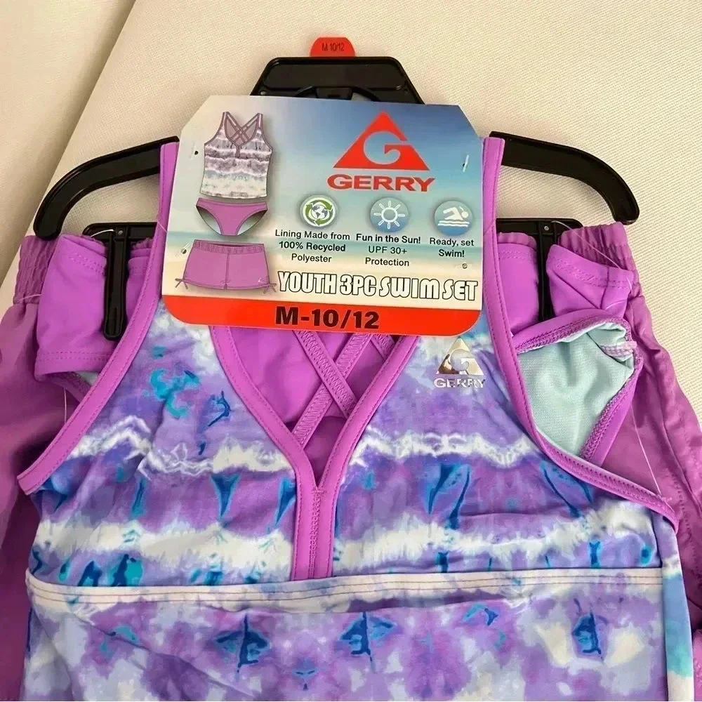 Gerry 3-Piece Tankini & Shorts Swimsuit Set Size M (10/12) UPF Protection Purple